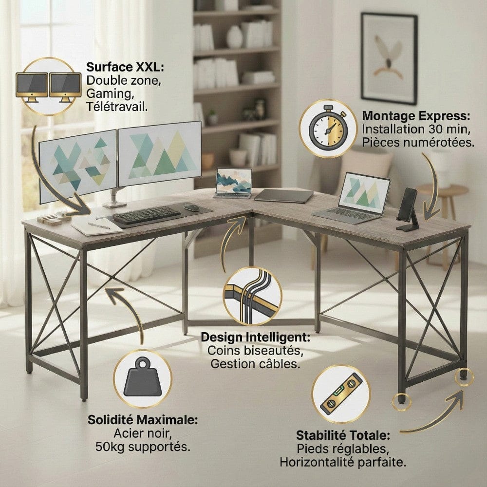 Bureau d'angle en L de 149x149 cm pour home office et gaming, avec structure en acier noir et plateau effet bois. L'image met en avant 5 points forts : surface XXL multi-écrans, montage express en 30 min, design intelligent avec gestion des câbles, solidité maximale supportant 50 kg et pieds réglables pour une stabilité totale.