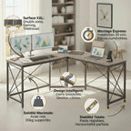 Bureau d'angle en L de 149x149 cm pour home office et gaming, avec structure en acier noir et plateau effet bois. L'image met en avant 5 points forts : surface XXL multi-écrans, montage express en 30 min, design intelligent avec gestion des câbles, solidité maximale supportant 50 kg et pieds réglables pour une stabilité totale.