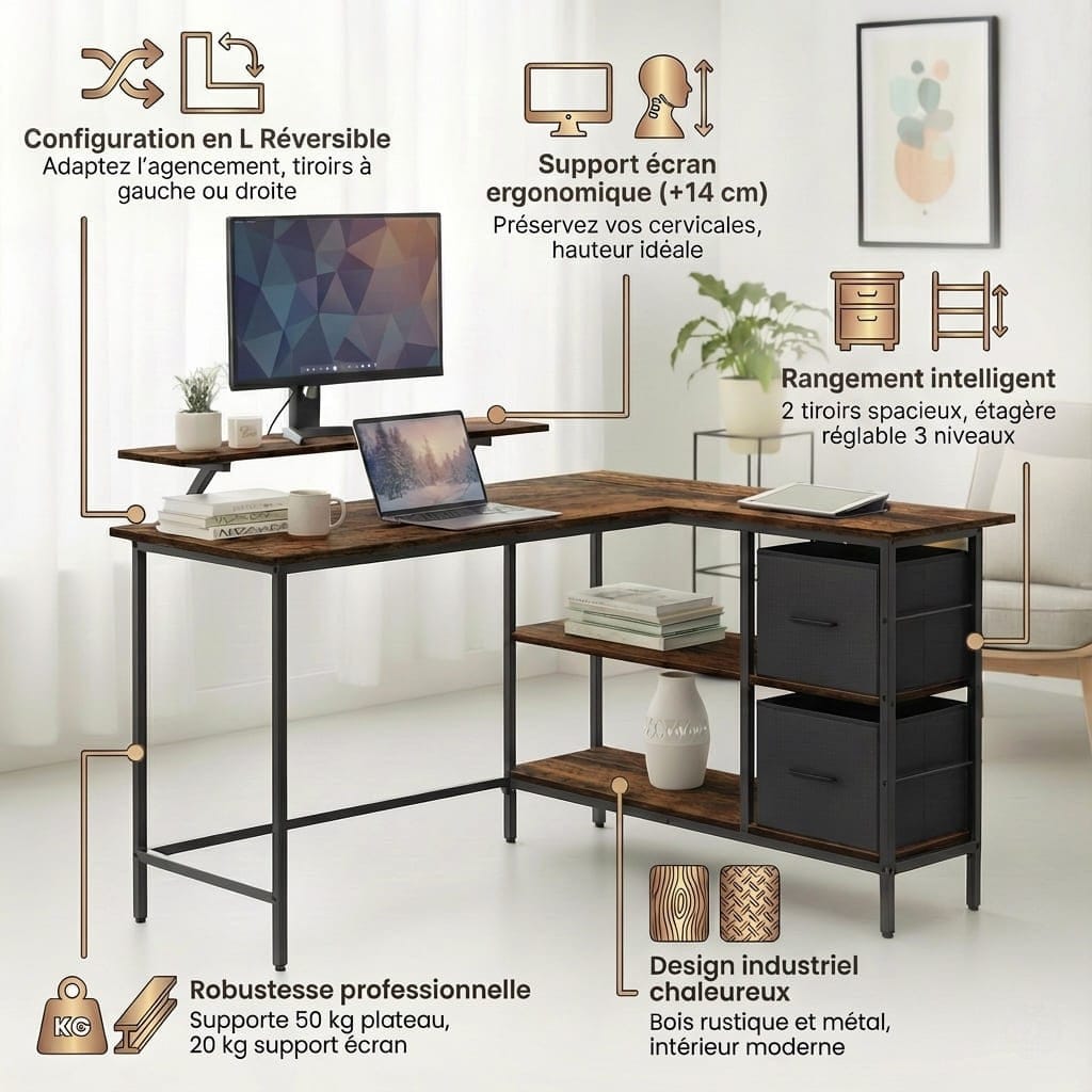 Infographie complète du bureau d'angle industriel, détaillant ses caractéristiques clés : configuration en L réversible, support d'écran ergonomique (+14 cm), rangement intelligent avec tiroirs et étagère réglable, robustesse professionnelle (supporte 50 kg), et design industriel chaleureux.