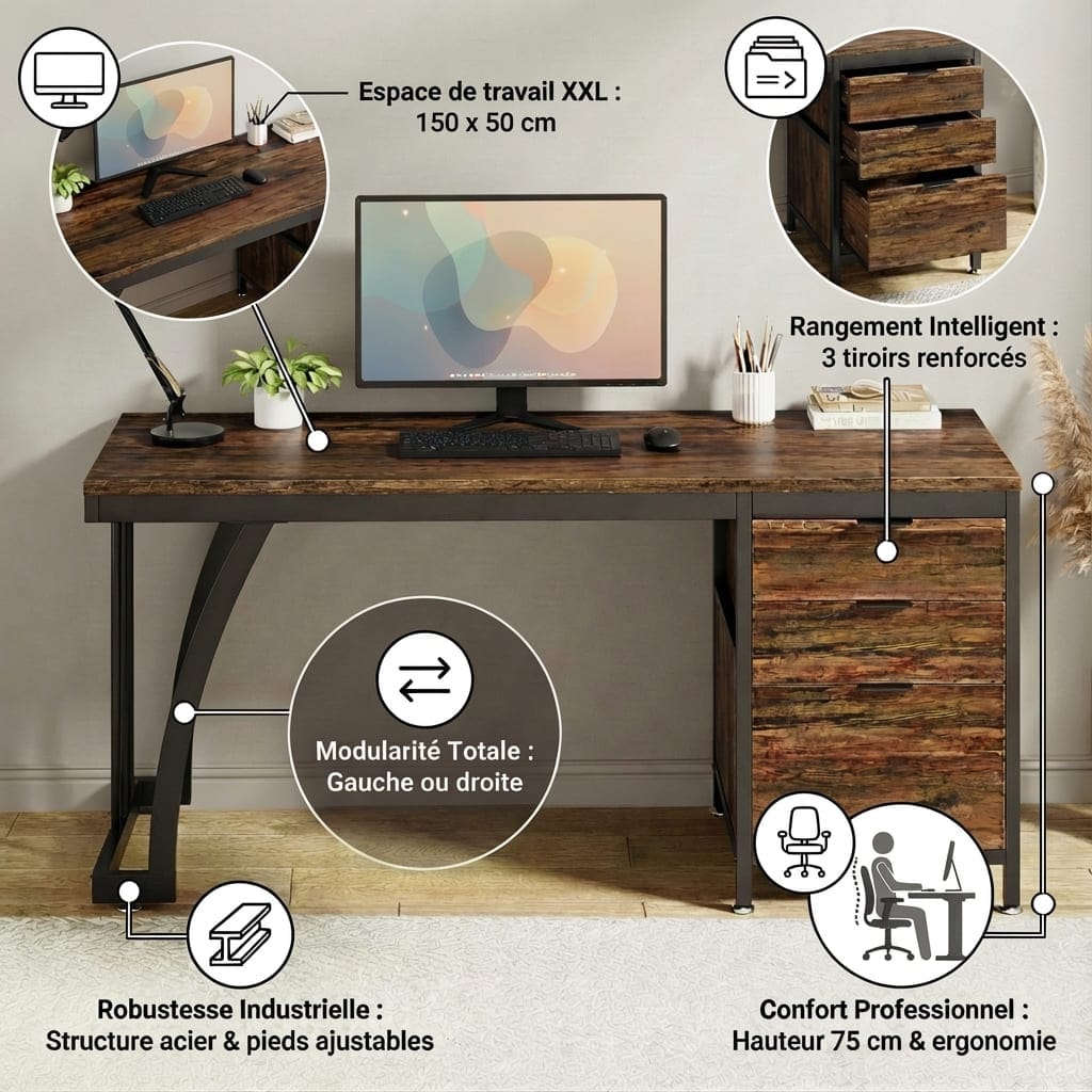Infographie détaillée d'un bureau de style industriel en bois foncé et métal noir, mettant en avant ses 5 points forts avec des icônes et des légendes : "Espace de travail XXL : 150 x 50 cm", "Rangement Intelligent : 3 tiroirs renforcés", "Modularité Totale : Gauche ou droite" pour le caisson, "Robustesse Industrielle : Structure acier & pieds ajustables", et "Confort Professionnel : Hauteur 75 cm & ergonomie". Des lignes pointent vers les parties correspondantes du bureau.