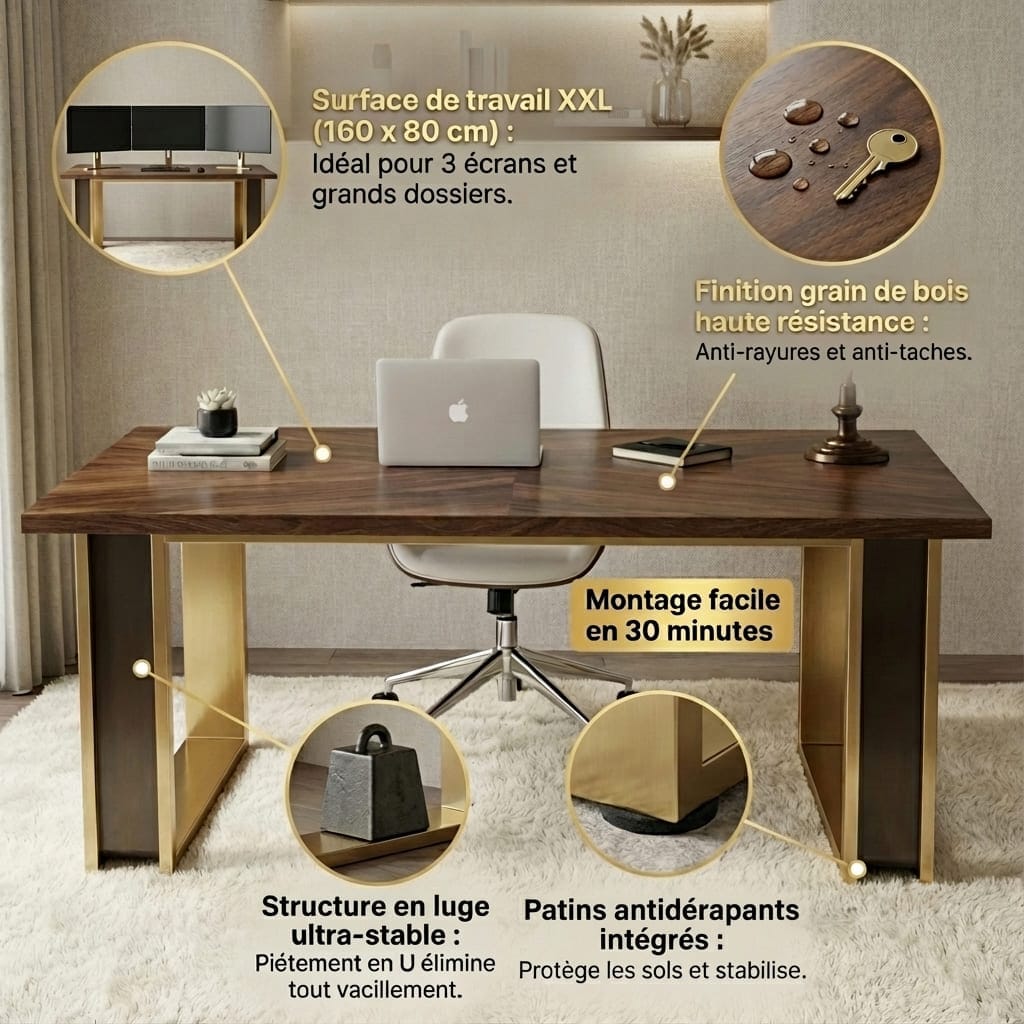 Infographie détaillée des caractéristiques d'un bureau de direction XXL en bois et pieds dorés, mettant en avant la surface de 160x80 cm pour 3 écrans, la finition résistante à l'eau et aux rayures de clé, le montage rapide en 30 minutes, la structure stable en luge avec un poids témoin, et les patins antidérapants intégrés.