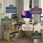 Infographie récapitulant les atouts du bureau d'angle : double surface 120x100 cm, solution gain de place 2-en-1, 4 rangements intégrés, qualité certifiée E1 résistante et montage express.