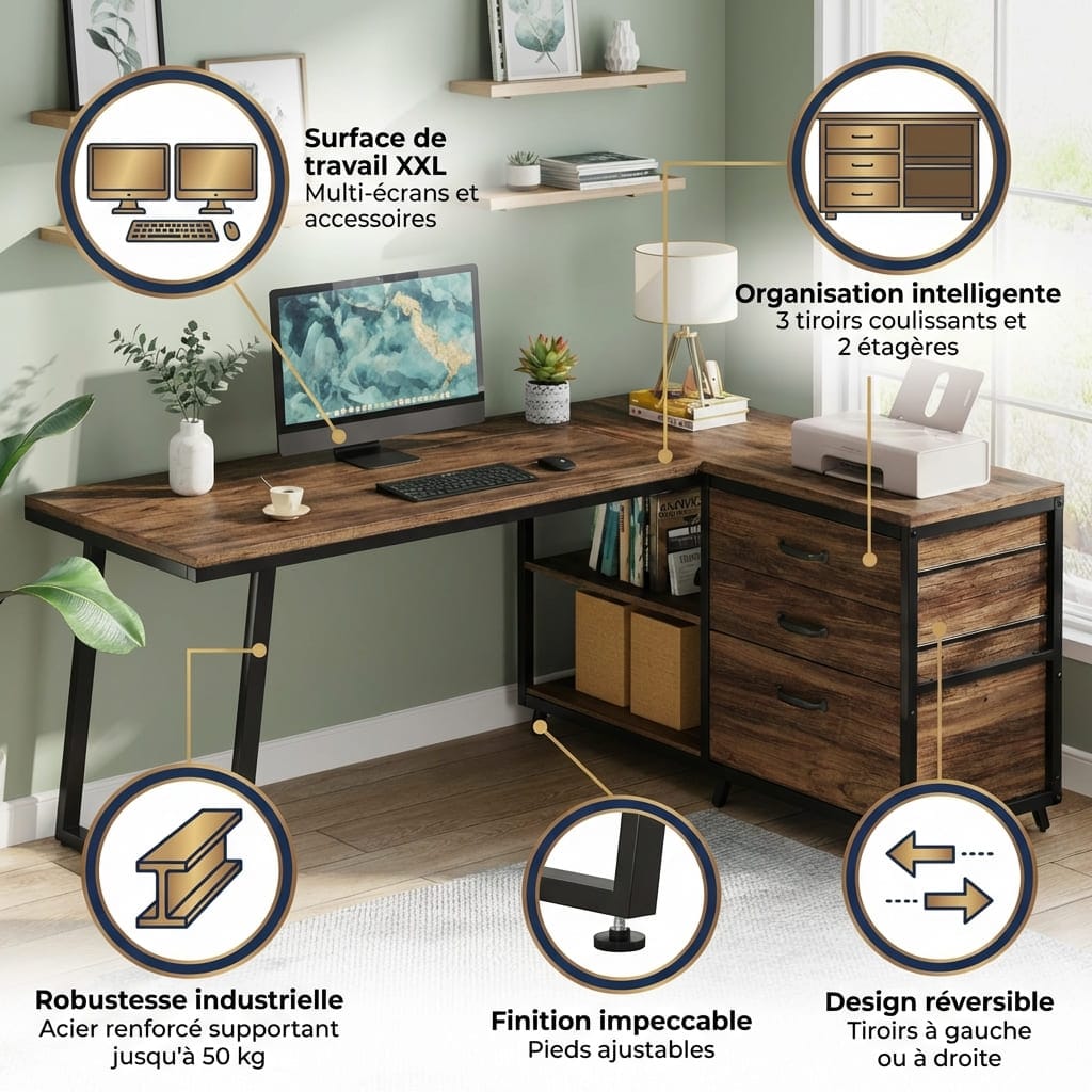 Infographie présentant les points forts du bureau : surface de travail XXL, organisation intelligente avec 3 tiroirs et 2 étagères, structure en acier supportant 50 kg et design réversible gauche/droite.