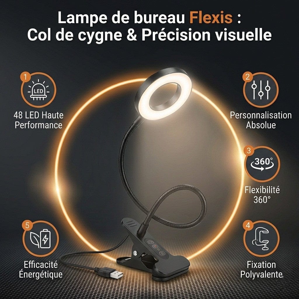Infographie détaillant les 5 points clés de la lampe de bureau Flexis : LED haute performance, personnalisation, flexibilité 360°, fixation clip et efficacité énergétique.