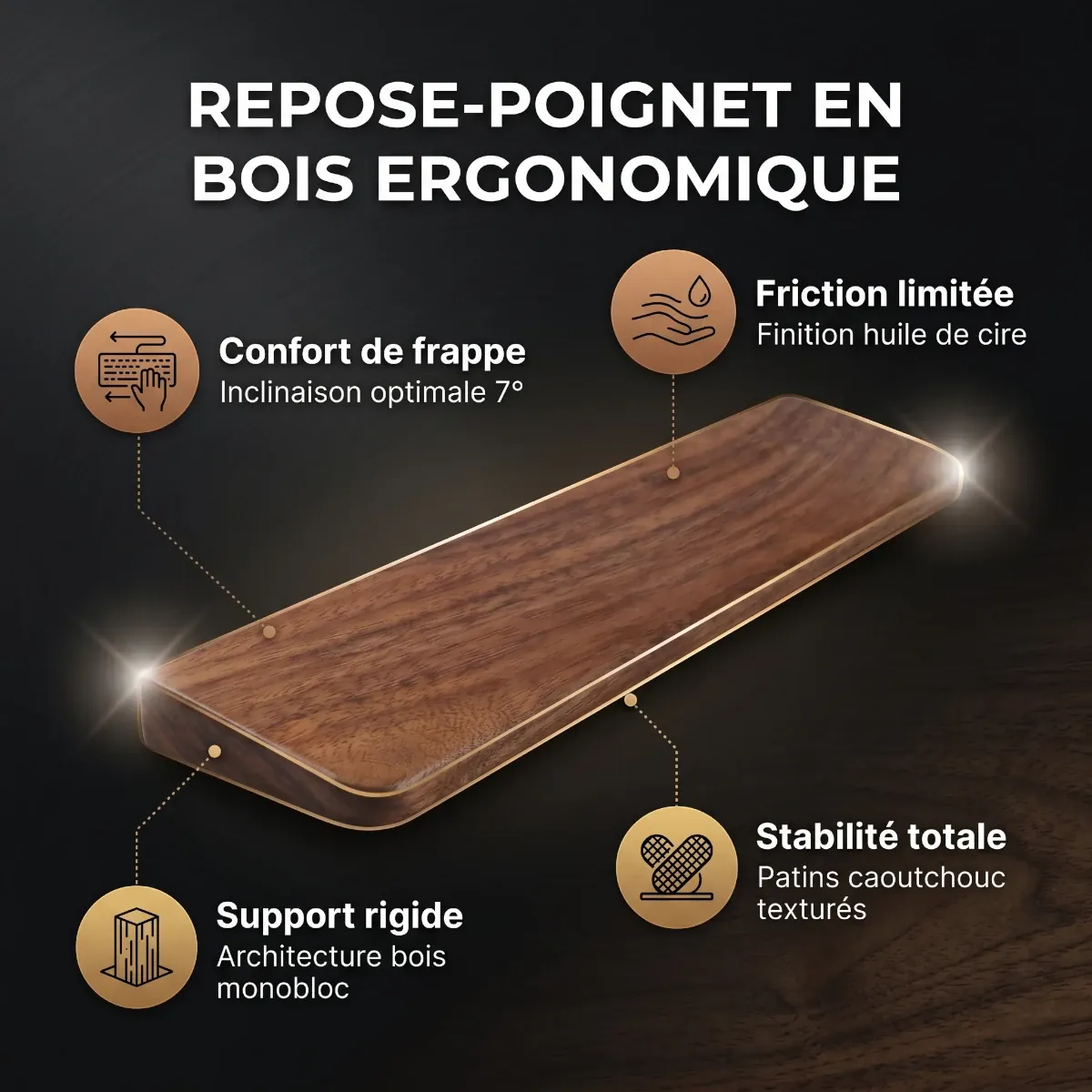 Infographie sombre présentant le repose poignet clavier SilvaAlign Pro en noyer massif avec ses points forts : inclinaison à 7°, support rigide monobloc, friction limitée et base antidérapante.