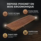 Infographie sombre présentant le repose poignet clavier SilvaAlign Pro en noyer massif avec ses points forts : inclinaison à 7°, support rigide monobloc, friction limitée et base antidérapante.