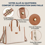 Détails et finitions premium du sac ordinateur femme MISSNINE : sangle réglable, poignées renforcées, clous de protection et porte-clés.