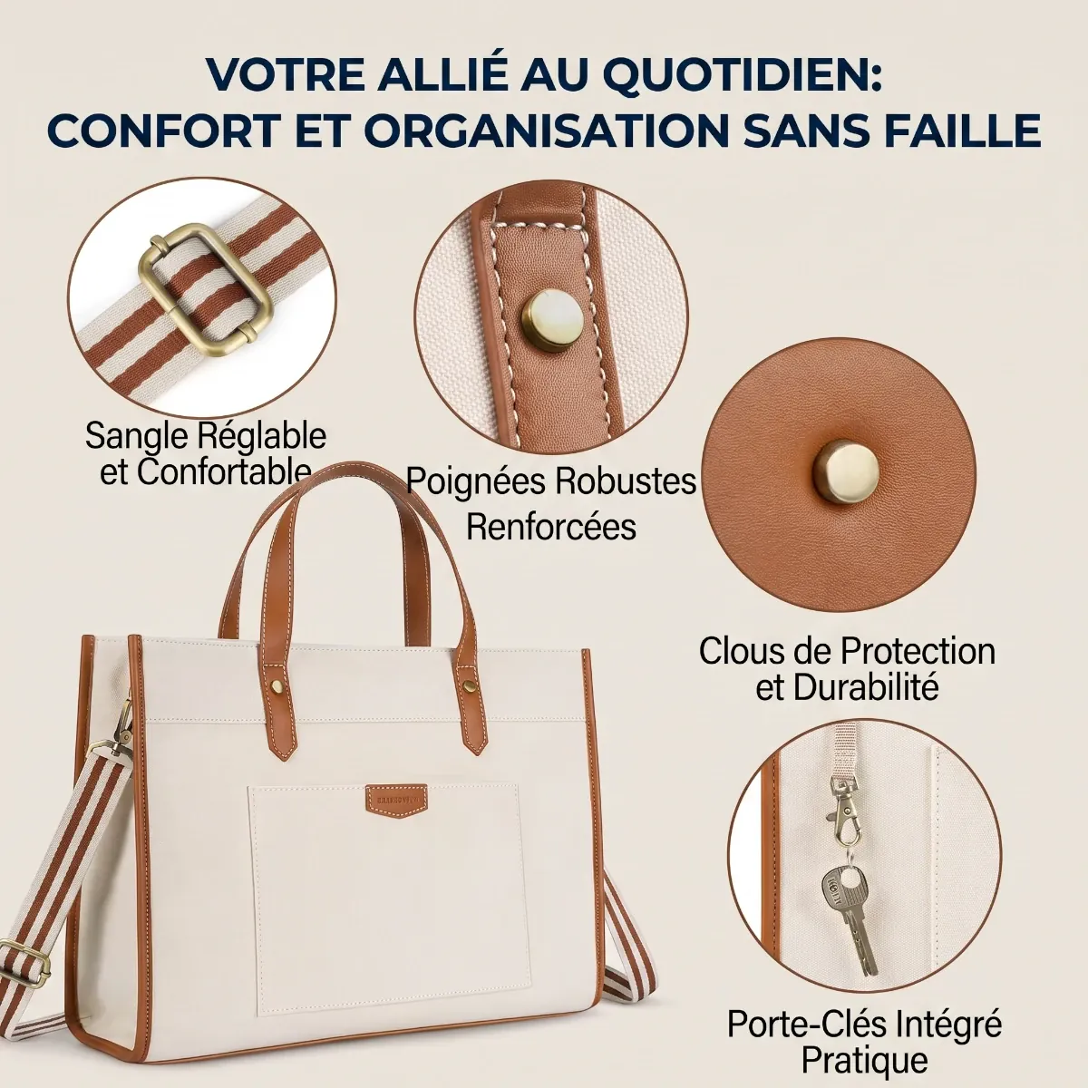 Détails et finitions premium du sac ordinateur femme MISSNINE : sangle réglable, poignées renforcées, clous de protection et porte-clés.