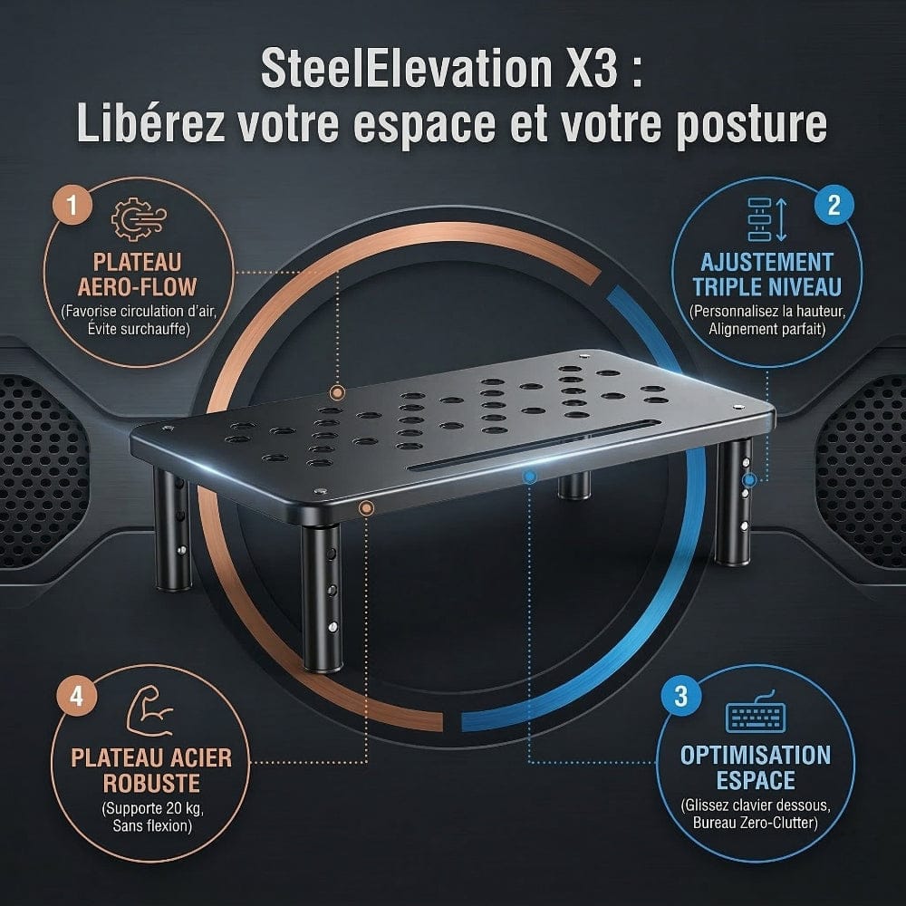 Infographie complète présentant le plateau Aero-Flow et l'acier robuste du support SteelElevation X3.