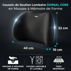Infographie technique du Coussin Lombaire DORSAL CORE (NIRA). Dimensions $40 \times 32 \times 10\text{ cm}$. Soutien ergonomique en mousse HD avec housse lavable et tissu respirant. Idéal pour le bureau et le gaming.