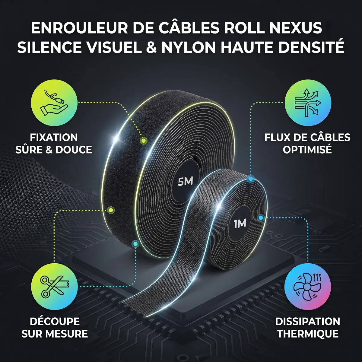 Infographie technique de l'enrouleur de câbles Roll Nexus présentant les avantages du silence visuel et de la dissipation thermique.