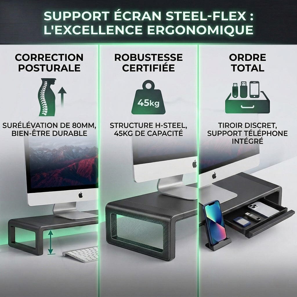 Infographie détaillée des bénéfices ergonomiques du support d'écran Steel-Flex : correction de la posture, structure robuste et tiroir de rangement.