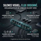 Infographie technique présentant les bénéfices de l'organisateur de câbles Silent Grid : silence visuel et flux ordonné.