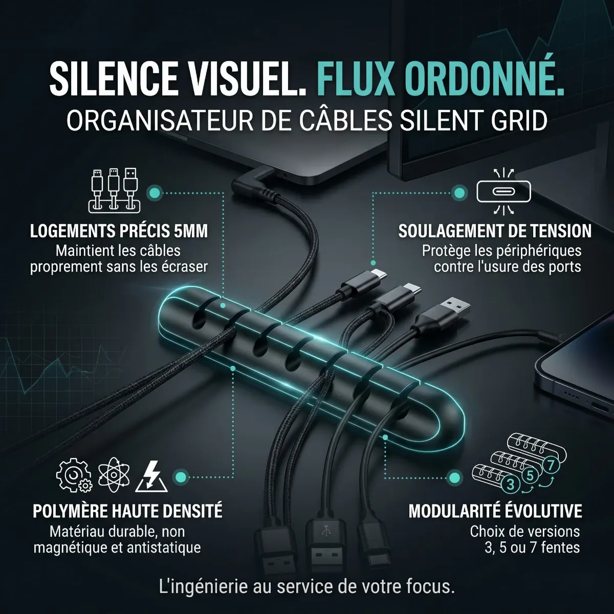 Infographie technique présentant les bénéfices de l'organisateur de câbles Silent Grid : silence visuel et flux ordonné.