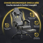 Infographie des points clés de la Chaise Ergonomique OMEGA-VIBE : massage USB, tissu respirant et repose-pieds.