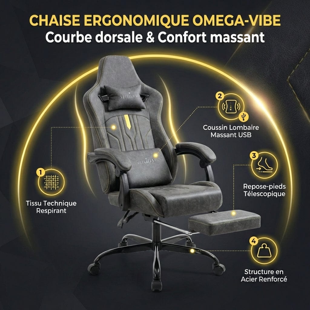 Infographie des points clés de la Chaise Ergonomique OMEGA-VIBE : massage USB, tissu respirant et repose-pieds.