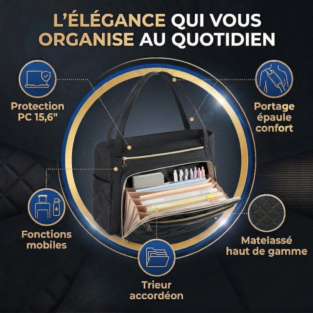 Infographie complète des points forts du tote bag L'Ingénieuse : trieur accordéon et protection PC.