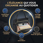 Infographie complète des points forts du tote bag L'Ingénieuse : trieur accordéon et protection PC.