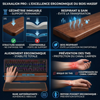 Infographie explicative sur la prévention des TMS et la protection du canal carpien grâce à l'alignement neutre, la base antidérapante et le bois respirant du repose poignet clavier SilvaAlign Pro.