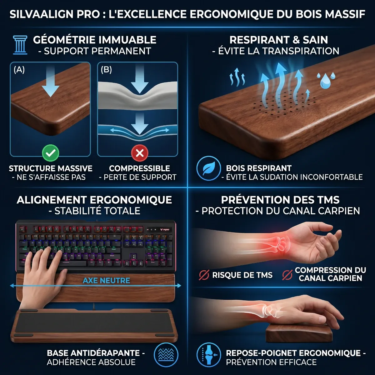 Infographie explicative sur la prévention des TMS et la protection du canal carpien grâce à l'alignement neutre, la base antidérapante et le bois respirant du repose poignet clavier SilvaAlign Pro.