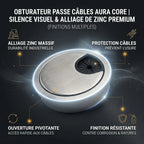 Infographie complète du passe câbles Aura Core mettant en avant le silence visuel et l'alliage de zinc premium.