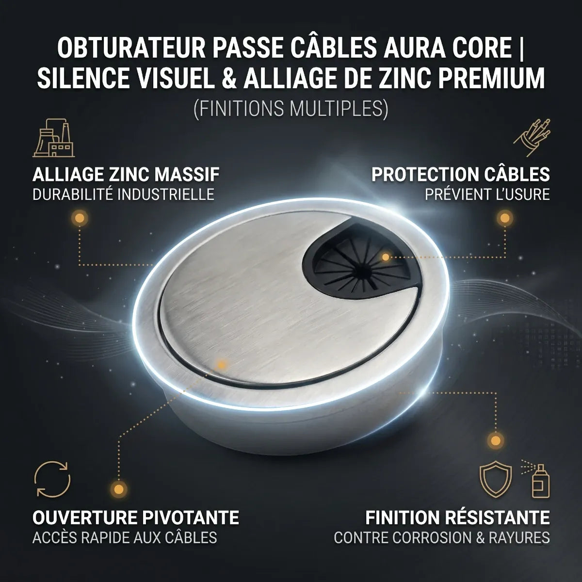 Infographie complète du passe câbles Aura Core mettant en avant le silence visuel et l'alliage de zinc premium.