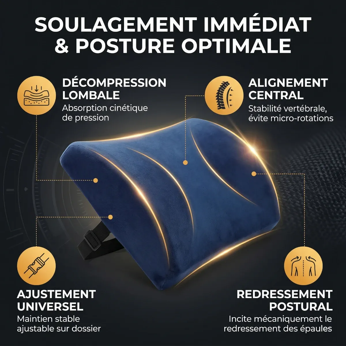 Infographie L-Core présentant le soulagement immédiat, l'alignement central et le redressement postural.