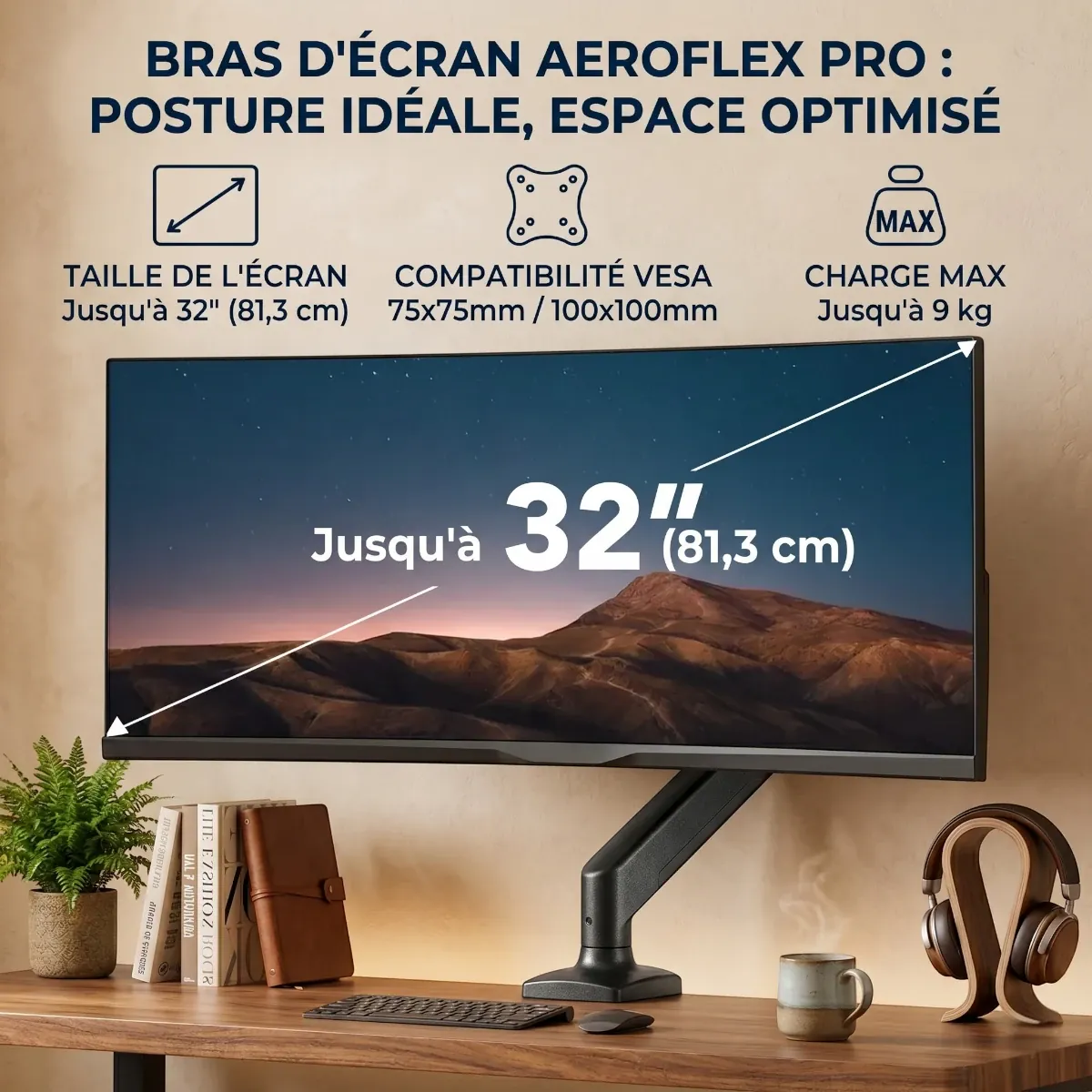 Infographie des caractéristiques du bras AeroFlex : taille d'écran jusqu'à 32 pouces, VESA et charge max 9 kg.