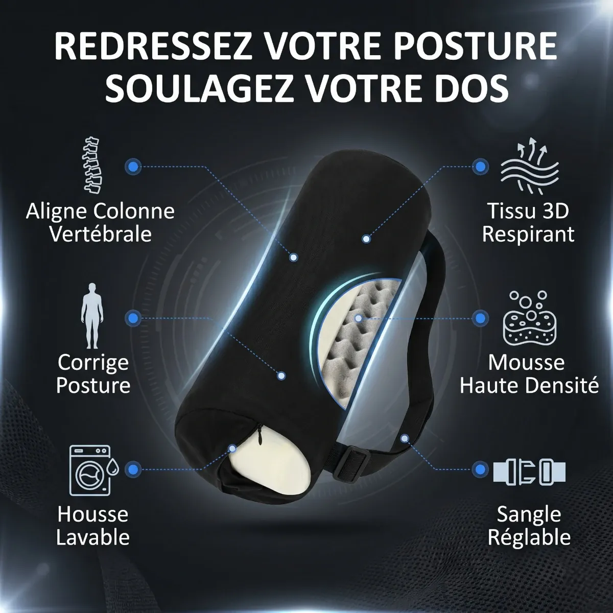 Infographie complète du Spinal Axis détaillant l'alignement de la colonne, la correction posturale et la thermorégulation.