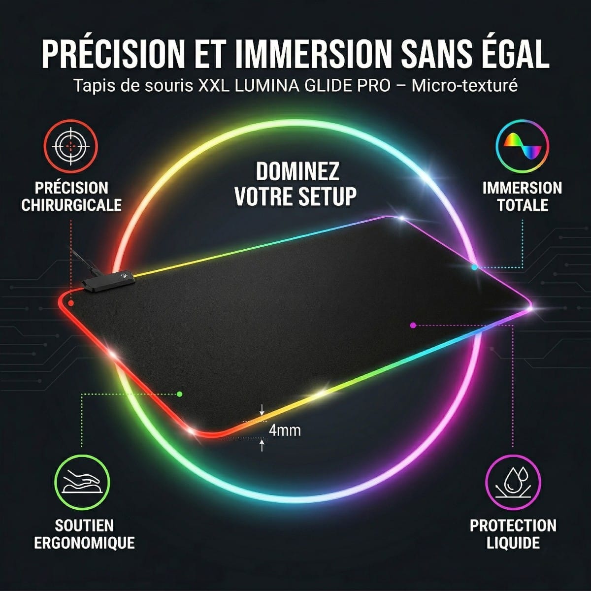 Infographie des caractéristiques du tapis de souris Lumina Glide Pro : précision chirurgicale, immersion RGB et confort 4mm.
