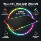 Infographie des caractéristiques du tapis de souris Lumina Glide Pro : précision chirurgicale, immersion RGB et confort 4mm.