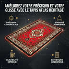 Infographie technique du tapis de souris Atlas Heritage XXL avec annotations de ses quatre bénéfices clés : précision chirurgicale, stabilité inamovible, durabilité extrême, esthétique magnifique.