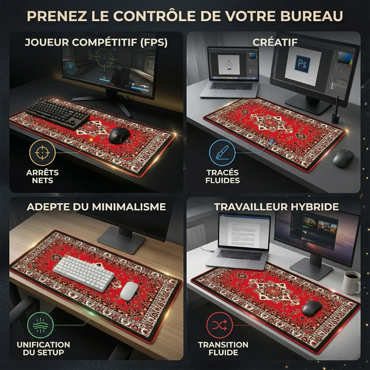 Grille d'infographie montrant quatre scénarios d'utilisation du tapis de souris Atlas Heritage XXL : gaming compétitif, création, minimalisme, travailleur hybride, avec des annotations de bénéfices.
