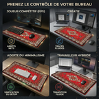 Grille d'infographie montrant quatre scénarios d'utilisation du tapis de souris Atlas Heritage XXL : gaming compétitif, création, minimalisme, travailleur hybride, avec des annotations de bénéfices.