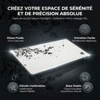 Infographie détaillée du tapis de souris Sakura Daylight XXL en micro-tissage haute densité, mettant en avant ses quatre caractéristiques principales. Le tapis central rayonnant est connecté à des points pour : glisse fluide micro-texturée, entretien facile avec revêtement déperlant, détails inaltérables par sublimation, et base stable Cloud-Grip en caoutchouc naturel. Titre d'accroche : CRÉEZ VOTRE ESPACE DE SÉRÉNITÉ ET DE PRÉCISION ABSOLUE.
