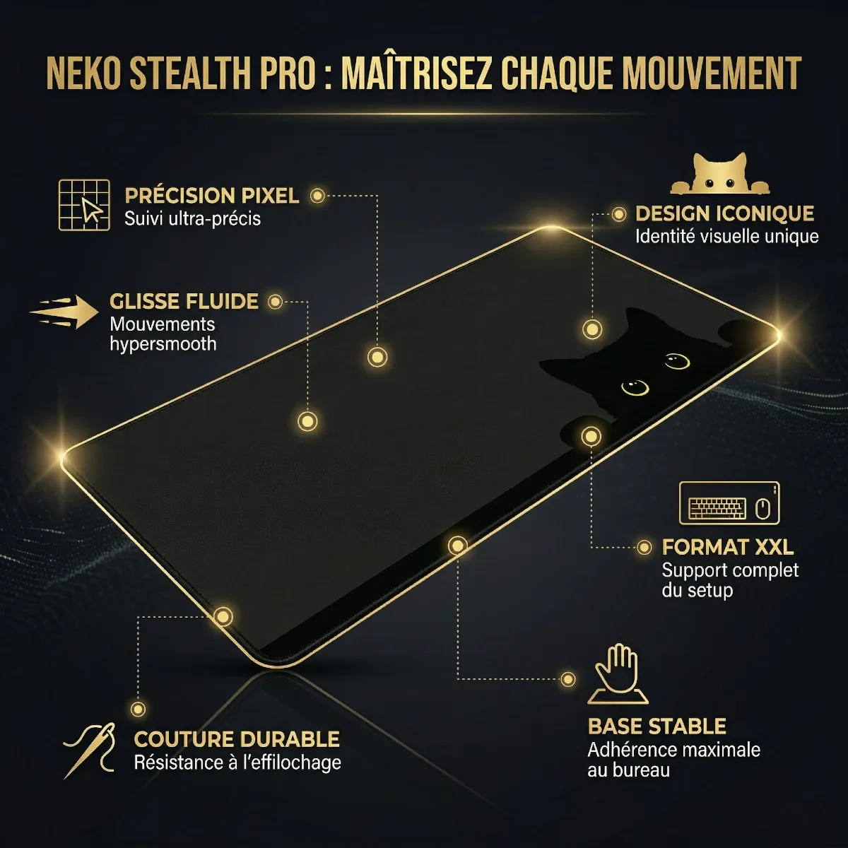 Infographie des caractéristiques techniques du tapis de souris Neko Stealth Pro : précision pixel et base stable.