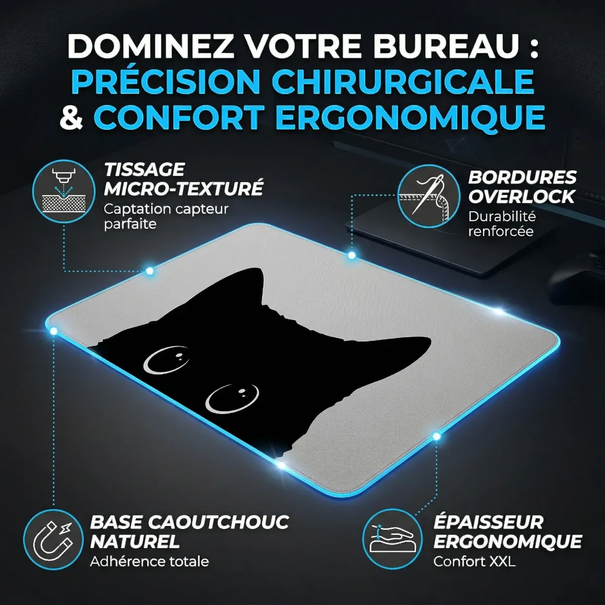 Infographie technique du tapis de souris Shadow Prowl détaillant le tissage micro-texturé et la base antidérapante.