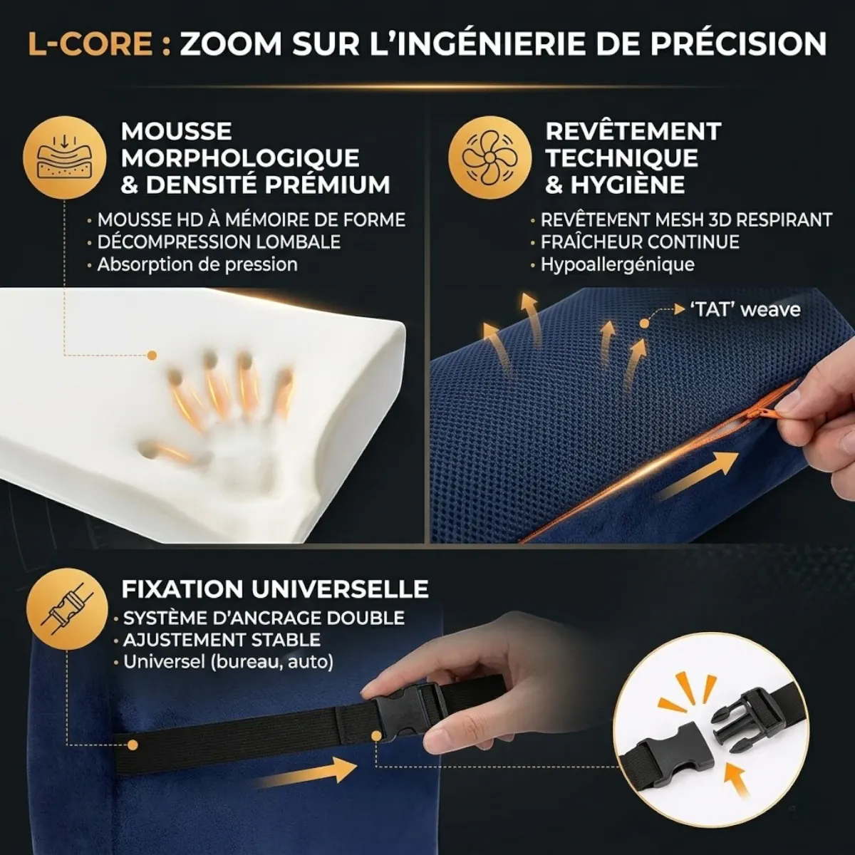 Zoom technique sur l'ingénierie de précision du L-Core : mousse 50kg/m3 et revêtement respirant TAT.