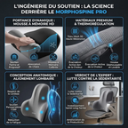 Infographie technique détaillant la mousse à mémoire de forme HD et la thermorégulation du MorphoSpine Pro.