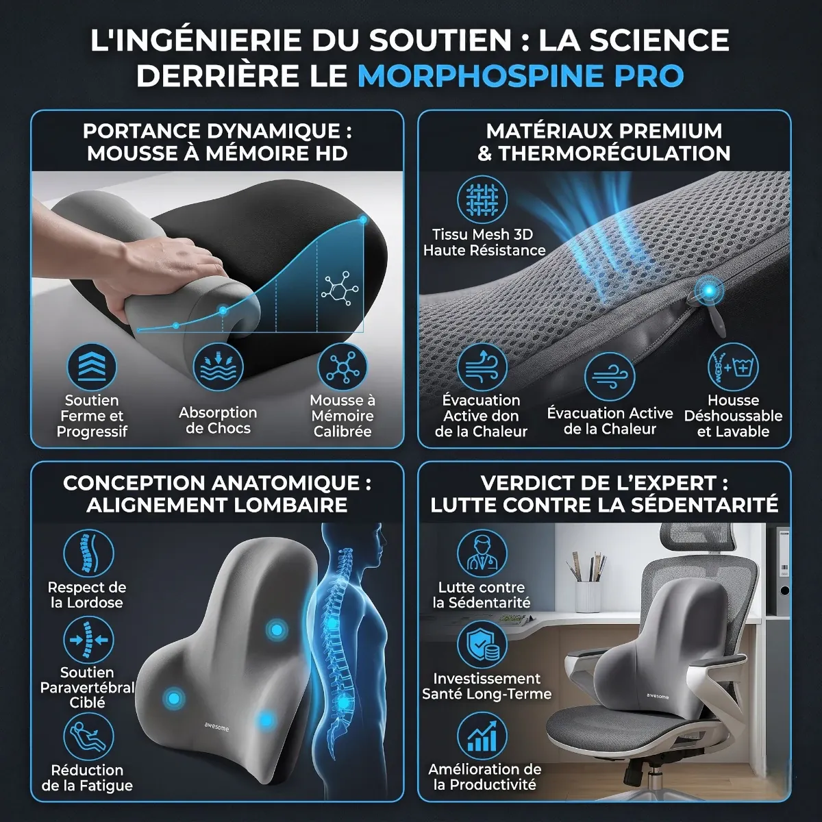 Infographie technique détaillant la mousse à mémoire de forme HD et la thermorégulation du MorphoSpine Pro.