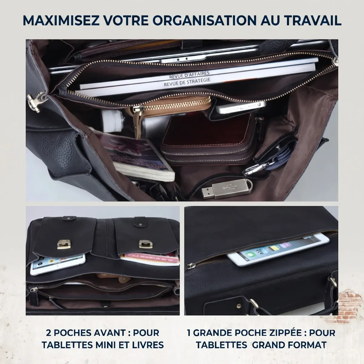 Rangement intérieur du modèle Grainton. Mieux organisé qu'un sac ordi basique ou que des sacoches ordinateur standards, idéal comme sacoche ordinateur femme.