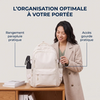 Image de mise en scène carrée du sac à dos multifunctional Irisia en crème, montrant la femme organisée et heureuse de l'image de référence. Le sac est sur une table en bois et ses poches latérales sont mises en évidence. Une gourde en métal est dans une poche et un parapluie compact est dans l'autre. Le titre en français dit: 'L'ORGANISATION OPTIMALE À VOTRE PORTÉE'. La police est Sans Serif bleu marine sur un fond crème.