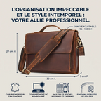 Infographie L'Ambassadeur montrant les dimensions du porte-documents et ses caractéristiques techniques : cuir pleine fleur Crazy Horse, compartiment PC rembourré, et quincaillerie en laiton