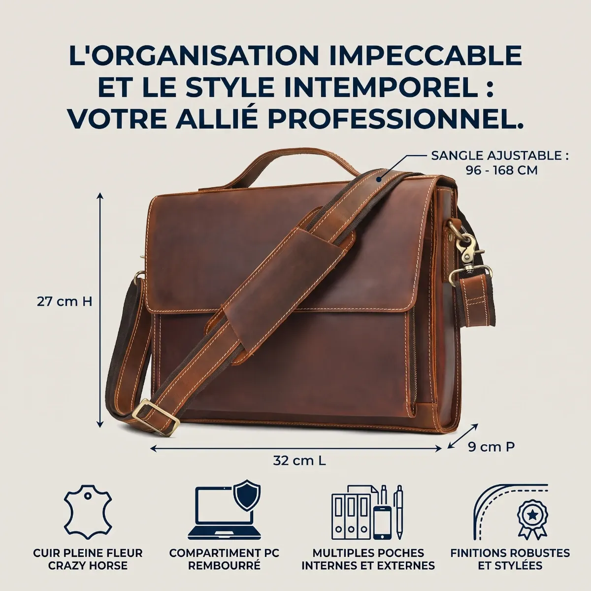 Infographie L'Ambassadeur montrant les dimensions du porte-documents et ses caractéristiques techniques : cuir pleine fleur Crazy Horse, compartiment PC rembourré, et quincaillerie en laiton