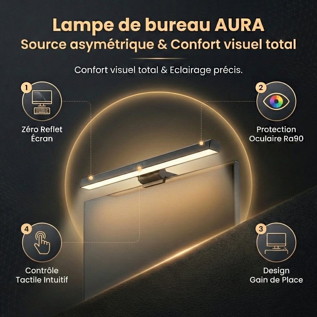 Infographie des avantages de la lampe de bureau AURA : zéro reflet et protection oculaire Ra90.