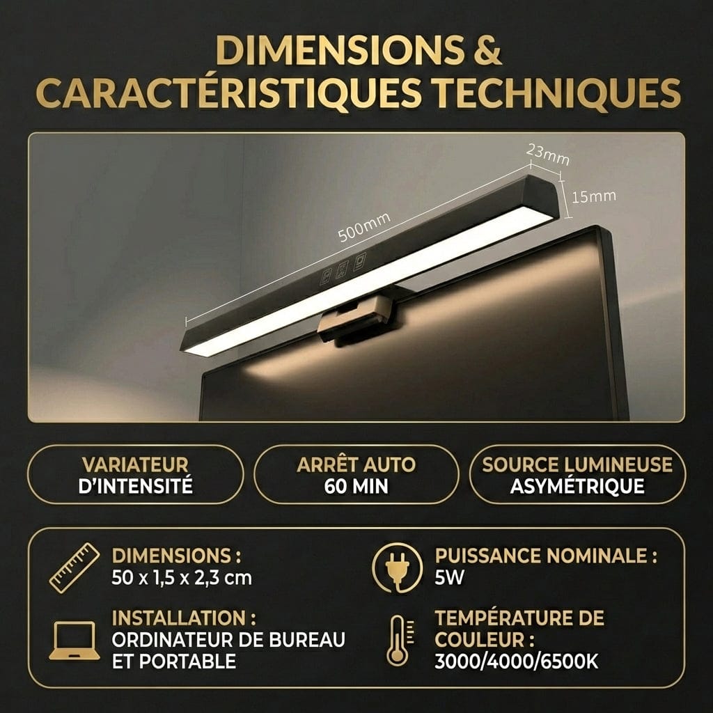 Dimensions détaillées de la lampe de bureau AURA de 50 cm pour ordinateur de bureau.