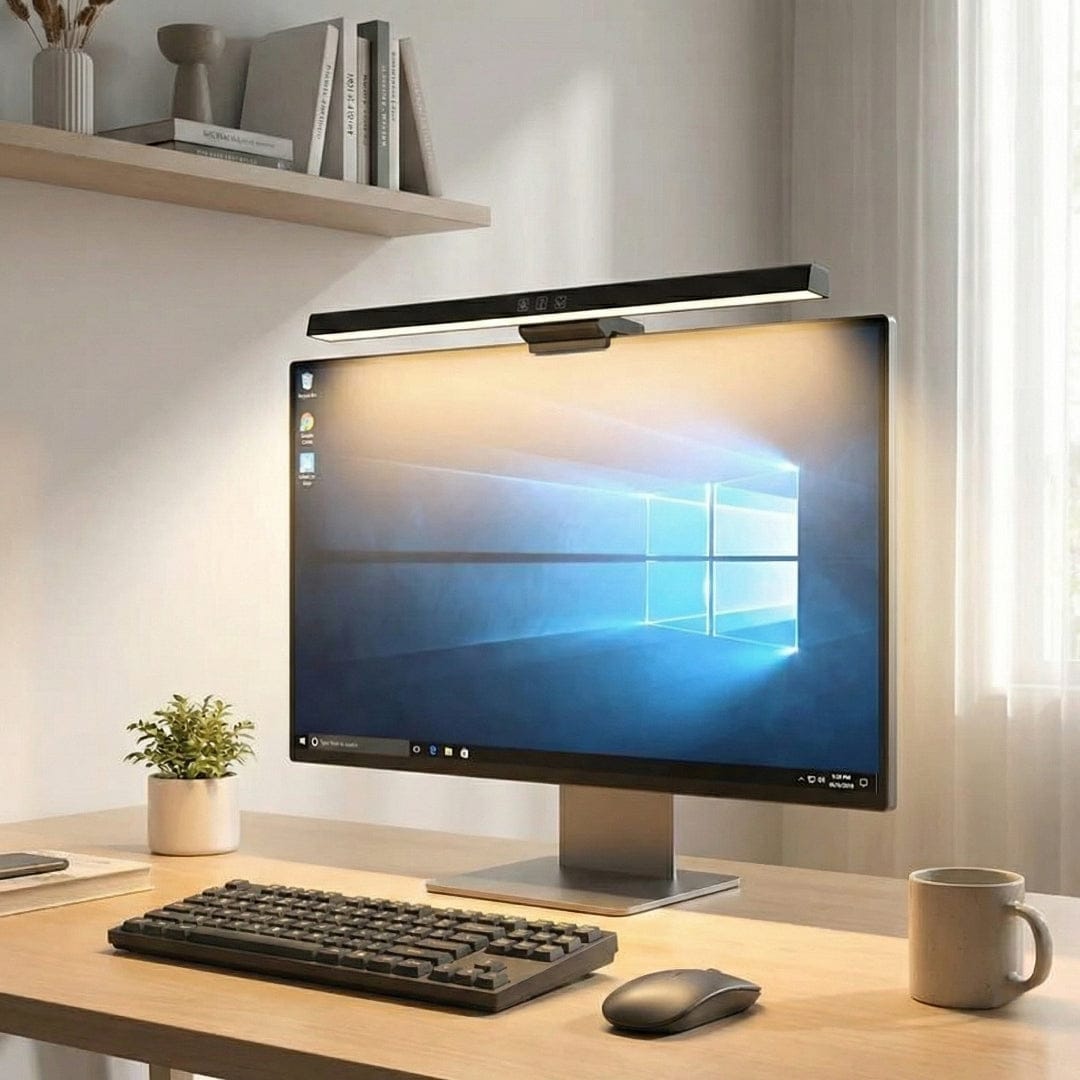 Lampe de bureau AURA avec source asymétrique éclairant un clavier sans reflets sur l'écran.