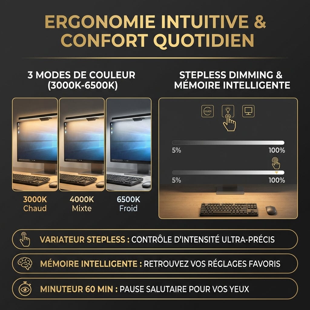 Modes de couleur de 3000K à 6500K et variateur d'intensité de la lampe de bureau AURA.