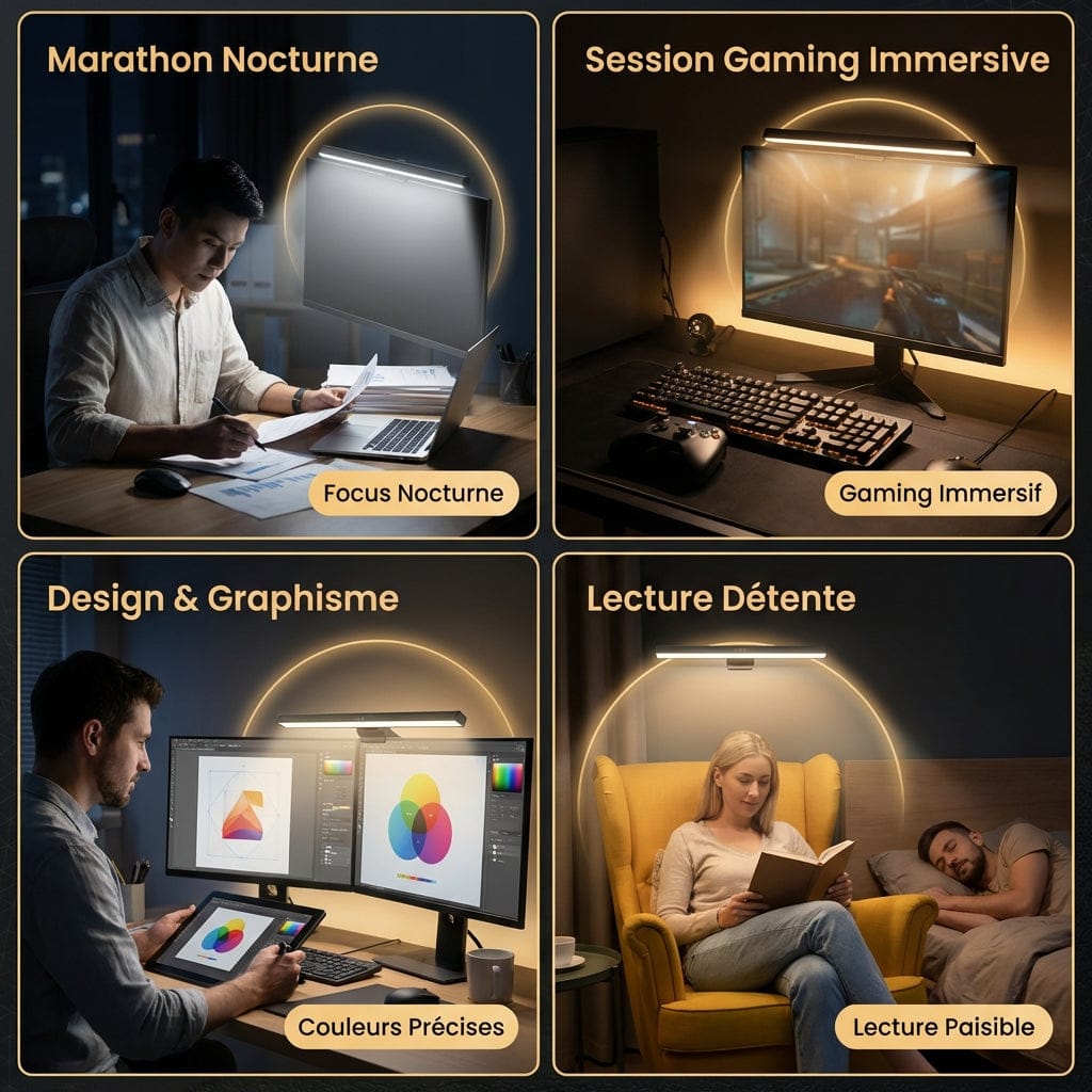 Différentes utilisations de la lampe de bureau AURA pour le gaming, le graphisme et la lecture nocturne.