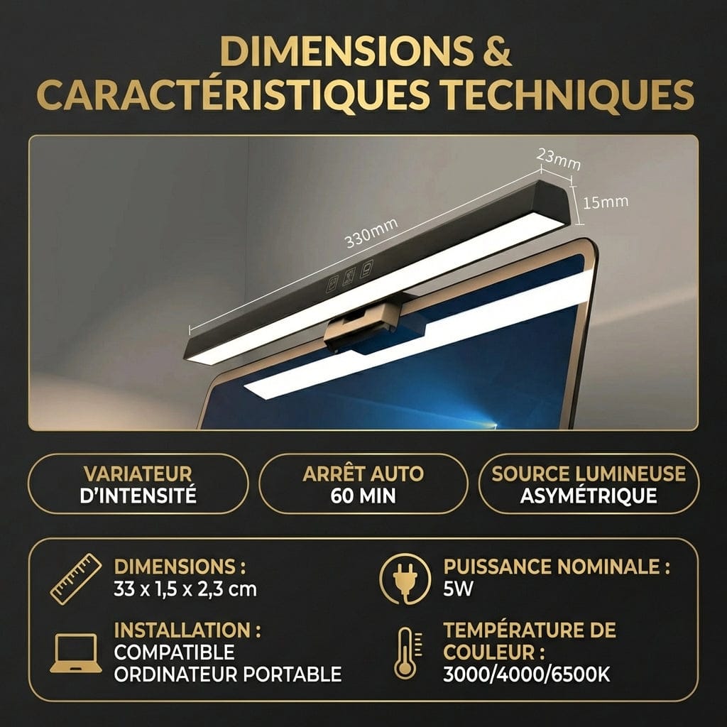 Caractéristiques techniques de la lampe de bureau AURA format 33 cm compatible ordinateur portable.